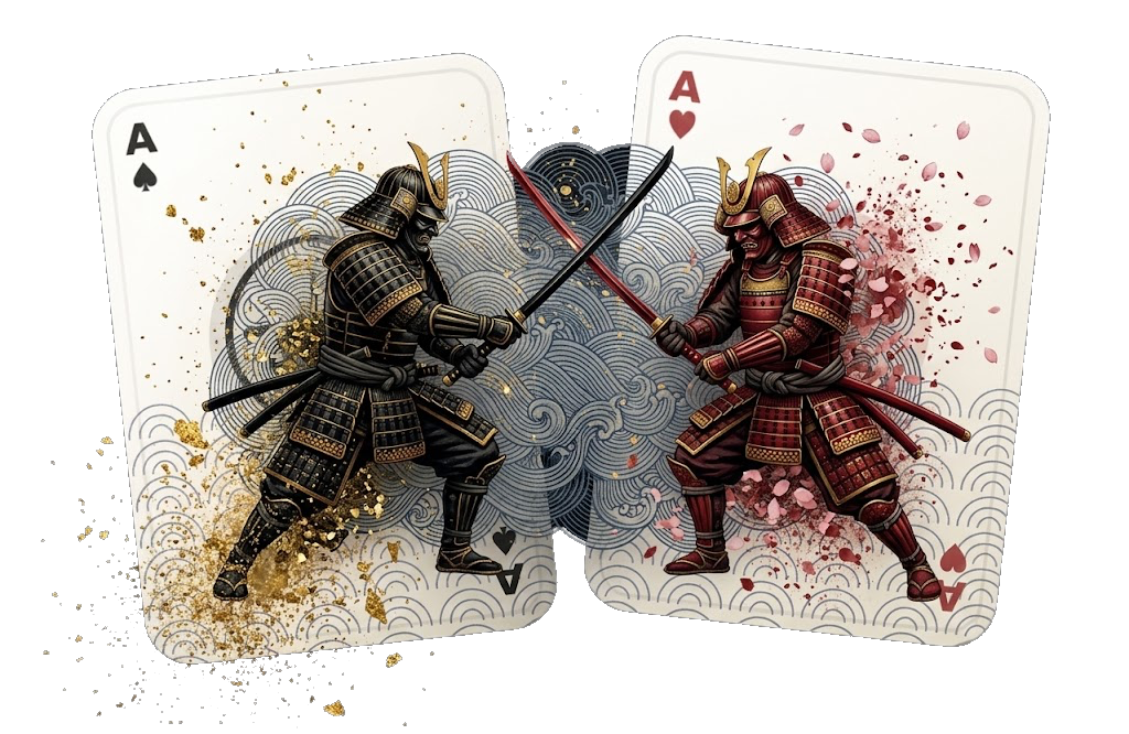 Ace of spades and ace of hearts — two samurai crossing swords across the cards